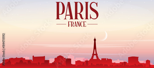 Red panoramic poster of the city skyline with misty background buildings, sunrise, moon and clouds of PARIS, FRANCE