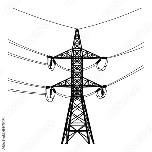 electricity transmission tower silhouette with wires and insulators