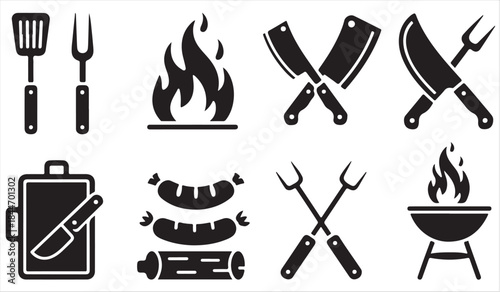 Outdoor grilling and barbecue icons in solid black style