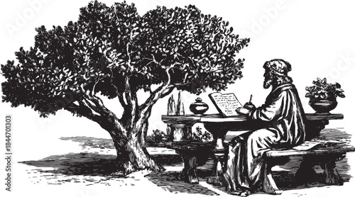 A writer seated under a tree, focused on writing on paper with a pen. Vintage vector illustration showcasing a peaceful rural environment in black and white.