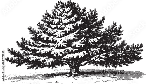 Pine tree illustration covered in snow. Detailed vintage graphic, showcasing nature in a classic outdoor vector set.