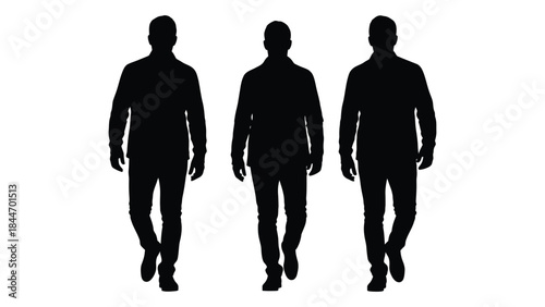 Three men walking forward depicted as dark shapes against a plain background silhouette