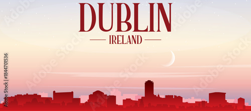 Red panoramic poster of the city skyline with misty background buildings, sunrise, moon and clouds of DUBLIN, IRELAND