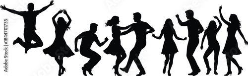 Dancing people silhouettes, energetic men and women jumping, party celebration poses, joyful crowd movement, black vector illustration isolated white background