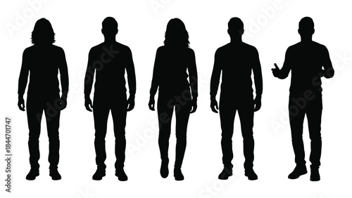 A row of five human figures displayed in dark full body silhouettes