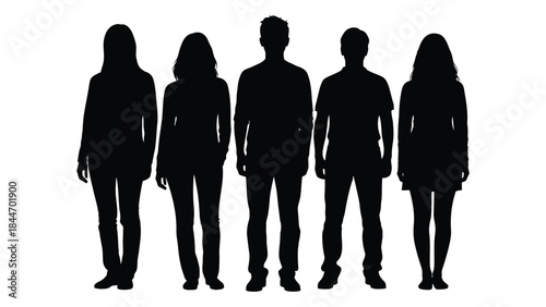A group of five people standing together depicted in a dark striking silhouette