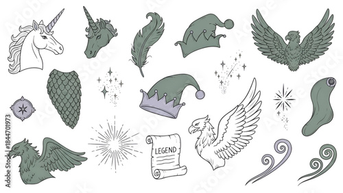 Fantasy illustration set mythical creatures and magic