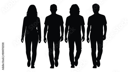 Four people walking in a row depicted as dark solid figures a striking silhouette