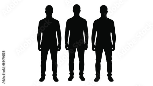 Three male figures standing in a row against a white background a striking silhouette