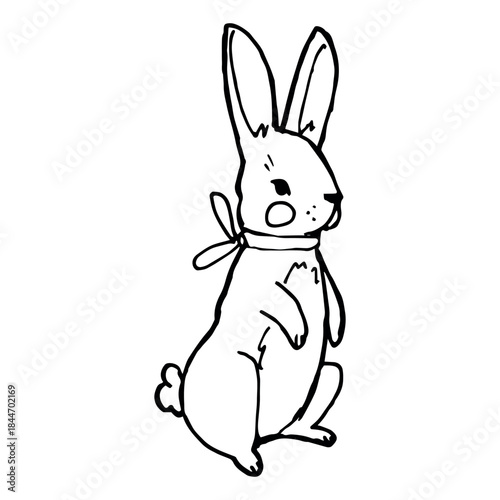 Black line art illustration of a cute bunny standing on hind legs with a bow on its neck, looking aside. Minimal hand drawn sketch for kids design, nursery decor, greeting cards, stickers