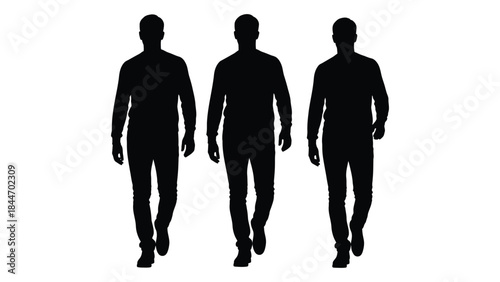 Three men walking forward captured in a striking black and white silhouette