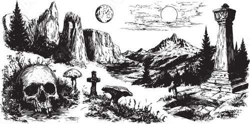 Cemetery landscape with a skull, cross, and mushroom in a valley. Monochrome vintage vector illustration featuring mountains and trees, creating an eerie atmosphere.