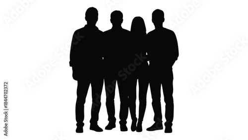 A group of four people standing closely together depicted as a striking silhouette