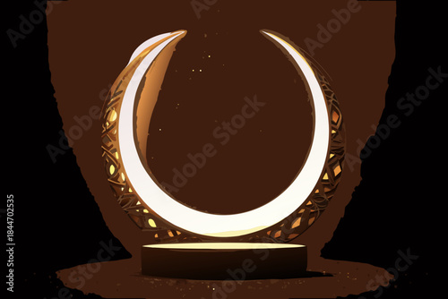 A glowing ornate crescent shape rests on a pedestal in the darkness