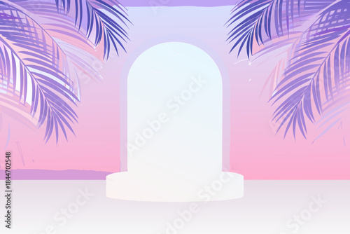 A minimalist archway with palm leaves and a pastel gradient background