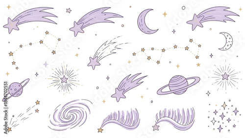 Whimsical purple space elements and stars