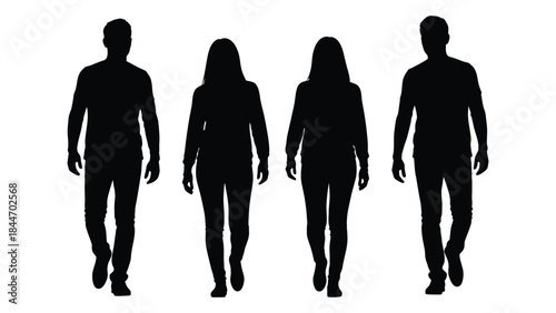 Four people walking forward depicted as dark shapes against a white background silhouette