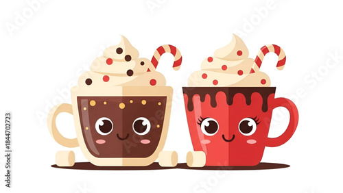 Cute hot chocolate mugs with whipped cream and candy canes