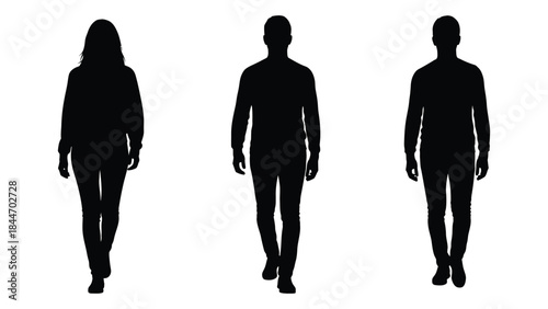 Three figures walking forward presenting a striking black and white silhouette