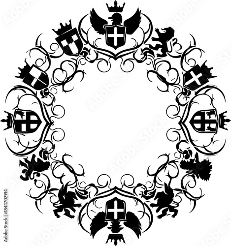 Elegant heraldic wreath frame with ornate flourishes, perfect for sophisticated invitations, branding, or historical designs, royalty, coat of arms