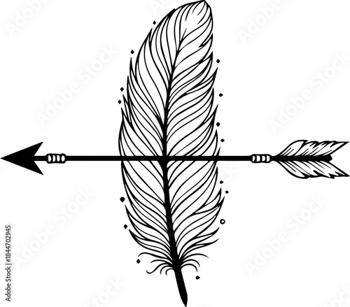 Intricate feather graphic with arrow, a symbol of freedom and adventure, great for creative projects and designs, originally a scalable vector