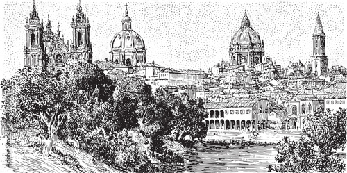 City skyline illustration with historic architecture, featuring domes and trees in black and white vector art style.