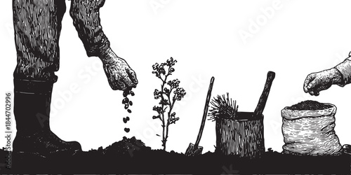 Gardening illustration showing hands planting seeds in soil, alongside tools. Simple black and white vector illustration representing cultivation.