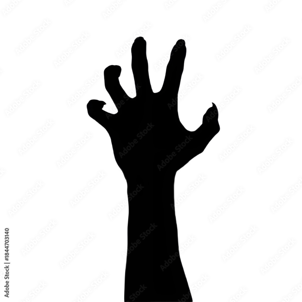 Fototapeta premium Black and white silhouette of a human hand reaching upward in darkness, evoking mystery, horror, help, or dramatic emotion. 