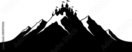 Dramatic mountain range silhouette with a majestic castle perched on the peak, a symbol of ambition, adventure, and fairytale fantasy landscapes