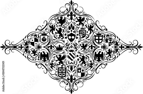 Stunning heraldic emblem design, perfect for adding a touch of classic elegance. Intricate decorative design with shields, crowns, and symbolic elements