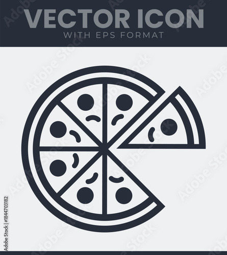Simple line art icon of a whole pizza with one slice separated from the main round shape, showing abstract toppings