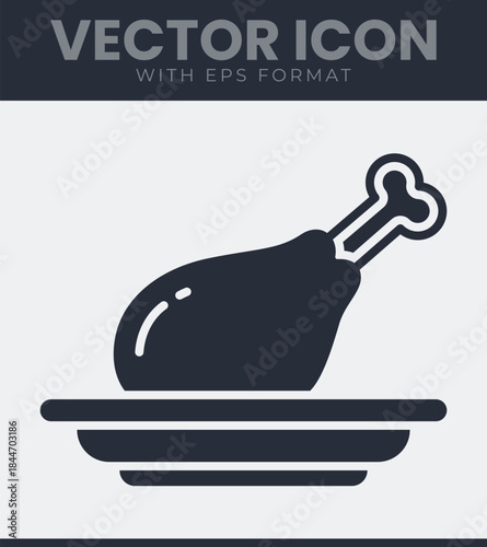 Roasted chicken leg drumstick with a visible bone resting on a simple round plate, depicted as a dark grey silhouette