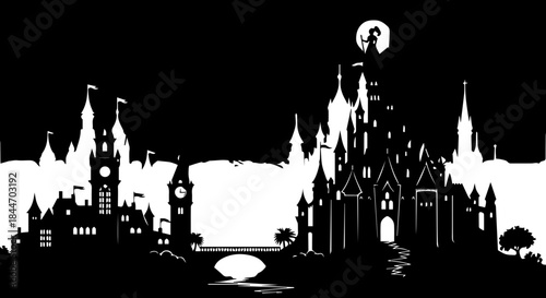 Mysterious silhouette of a grand castle and town under a full moon, evoking wonder and fantasy for magical storytelling and design projects.
