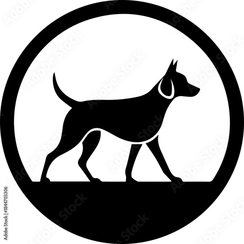 Sleek black silhouette of a confident dog walking purposefully within a circular frame, embodying loyalty and companionship for modern brands.