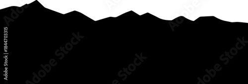 Bold black silhouette of jagged mountain peaks against a stark white sky evoking adventure and natural grandeur