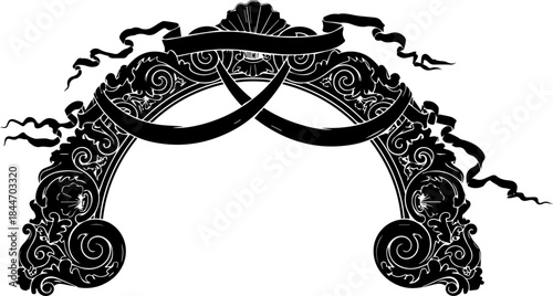 Elegant ornate archway with flowing banners and decorative flourishes, perfect for invitations, awards, and sophisticated branding elements.