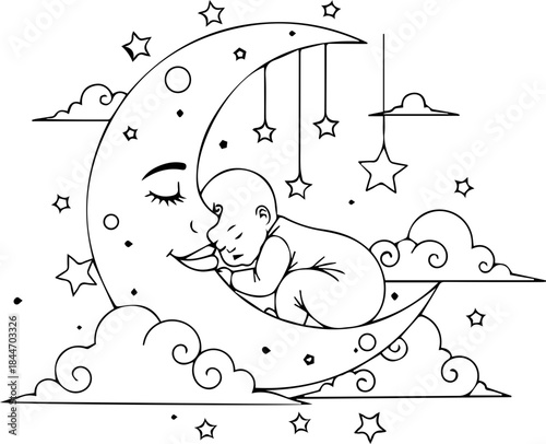 Sweet baby sleeps peacefully on a crescent moon surrounded by twinkling stars and fluffy clouds, evoking dreams and gentle slumber.
