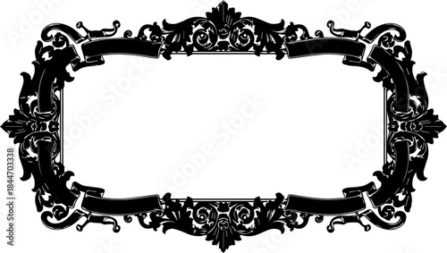 Elegant ornate black vintage frame with decorative scrolls and banners for premium design projects and invitations