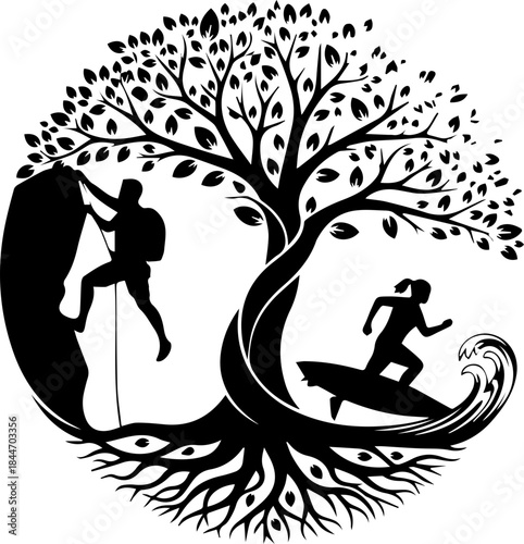 Dynamic tree of life symbolizes adventure with climbers conquering peaks and surfers riding ocean waves, inspiring active lifestyles and outdoor exploration.