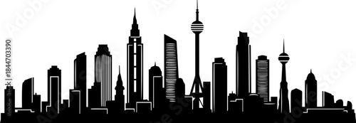 Dynamic cityscape silhouette showcasing modern architecture and towering skyscrapers, perfect for urban branding and design projects.