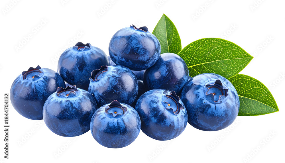 Fototapeta premium Pile of ripe, round berries with green leaves, isolated on a transparent background