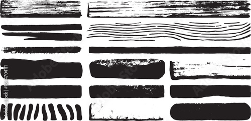 Black brush strokes and textures in a modern style. Vector illustration set showcasing various artistic strokes.