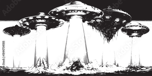 UFO ship illustration in black and white. Futuristic and abstract design with detailed effects, showcasing a mysterious aspect of space exploration in vector format.