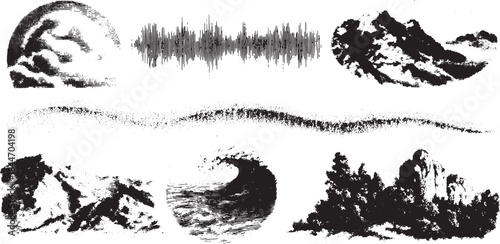 Stylized landscape vector illustration featuring mountains, waves, and trees in black and white. This artwork captures nature and texture in a unique style.