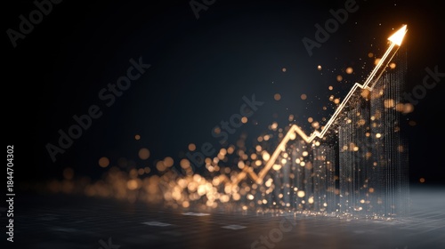 A glowing line rises steadily on a graph symbolizing growth and success. Sparkles appear around the line creating a dynamic visual. The dark background adds contrast to the chart.