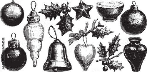 Vintage Christmas ornaments illustrated in black and white. The set includes glass baubles, holly, and a star in a detailed vector illustration.