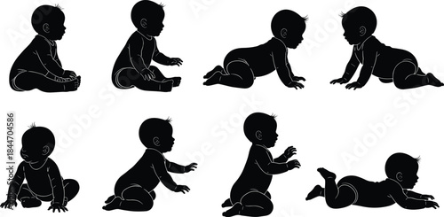 Baby and Infant Silhouette Vector Set: Cute Children Crawling, Sitting, and Playing in Developmental Poses for Childhood, Nursery, and Pediatric Graphics