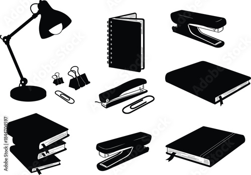 Black and white vector illustration of essential office stationery and desk supplies: lamp, stapler, notebooks, paperclips, and binder clips.