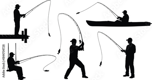 Fisherman Silhouette Vector Set: Dynamic Action Poses of Men Fishing with Rods on Piers and Boats for Sport, Hobby, and Outdoor Recreation Graphics
