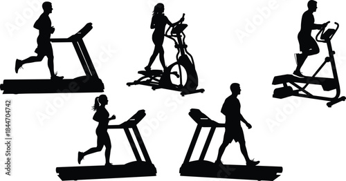 Fitness and Gym Exercise Silhouette Vector Set: People Running and Walking on Treadmills and Elliptical Machines for Workout, Health, and Sport